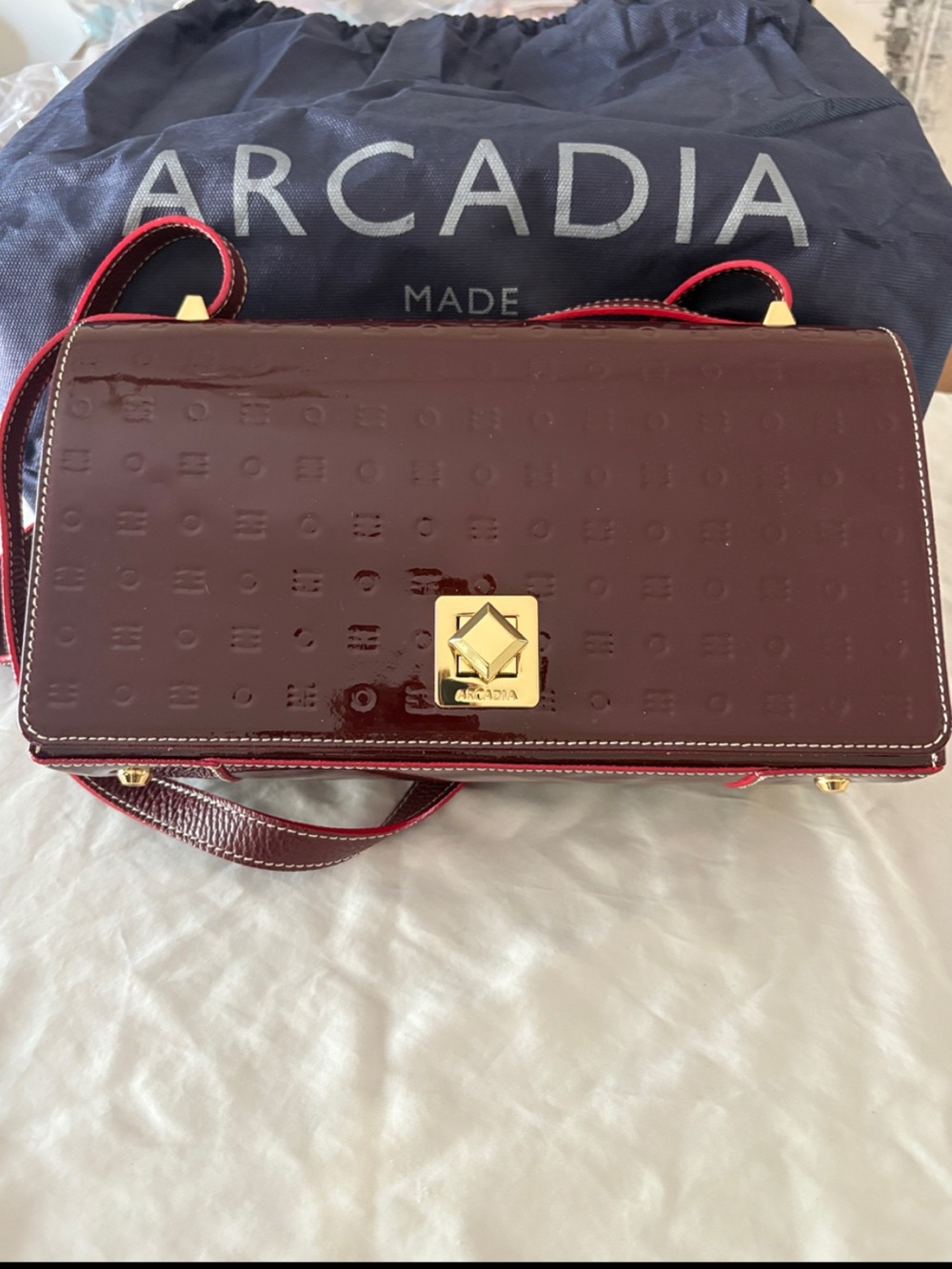 Arcadia NWOT Burgundy Patent Crossbody with Gold Hardware